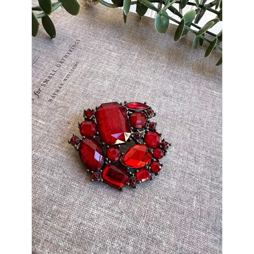 Vintage Garnet Red Rhinestone Brooch  Faceted Stones | Bold Red Gem Brooch